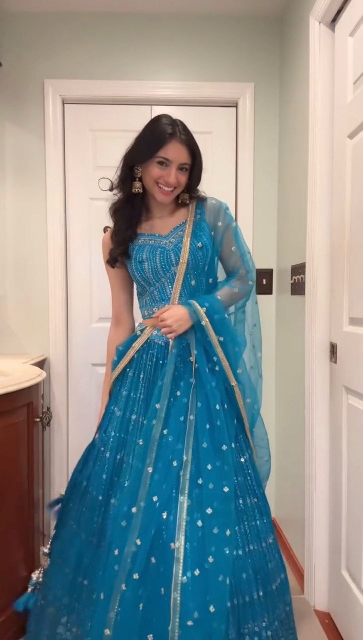 Blue Foux Gorgette thread  with Sequnce Lehenga Choli - INSPIRED | Ready To Wear - qivii