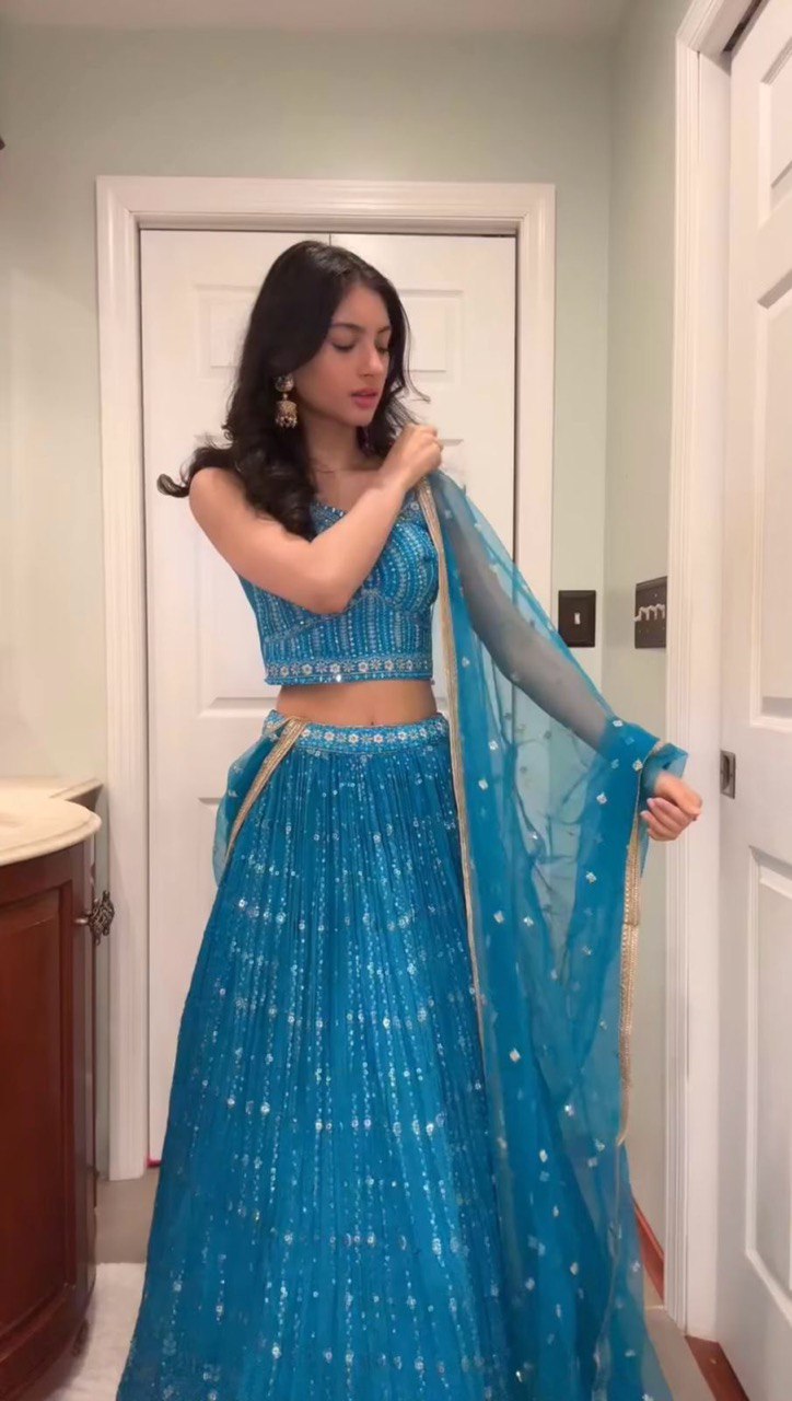 Blue Foux Gorgette thread  with Sequnce Lehenga Choli - INSPIRED | Ready To Wear - qivii