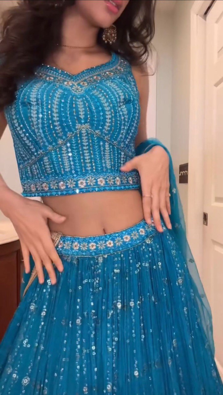 Blue Foux Gorgette thread  with Sequnce Lehenga Choli - INSPIRED | Ready To Wear - qivii