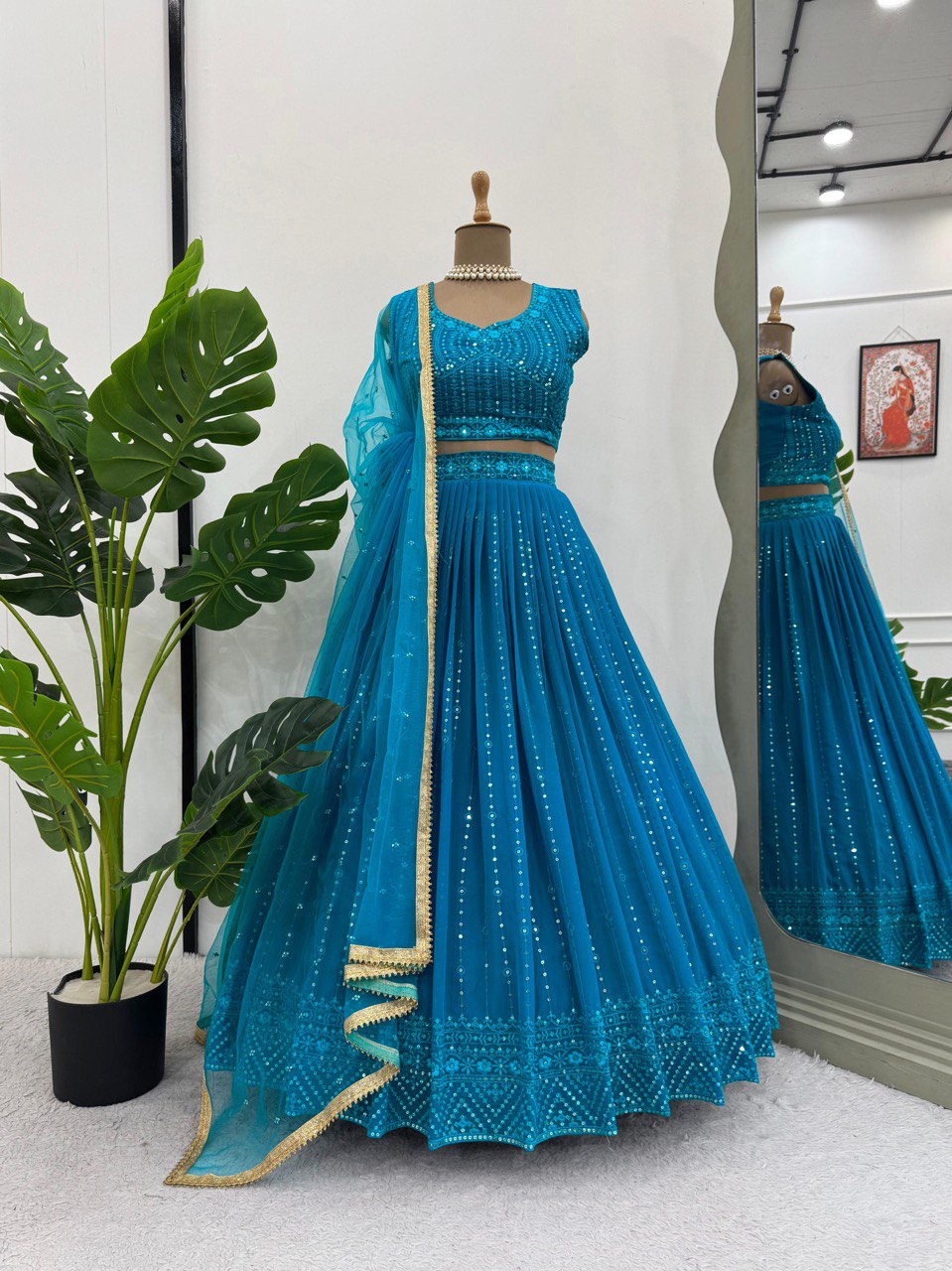 Blue Foux Gorgette thread  with Sequnce Lehenga Choli - INSPIRED | Ready To Wear - qivii
