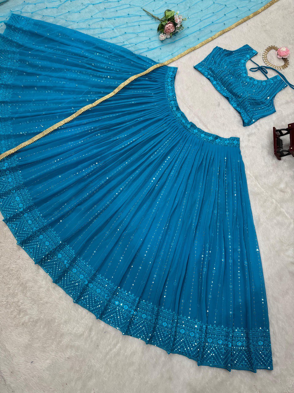 Blue Foux Gorgette thread  with Sequnce Lehenga Choli - INSPIRED | Ready To Wear - qivii