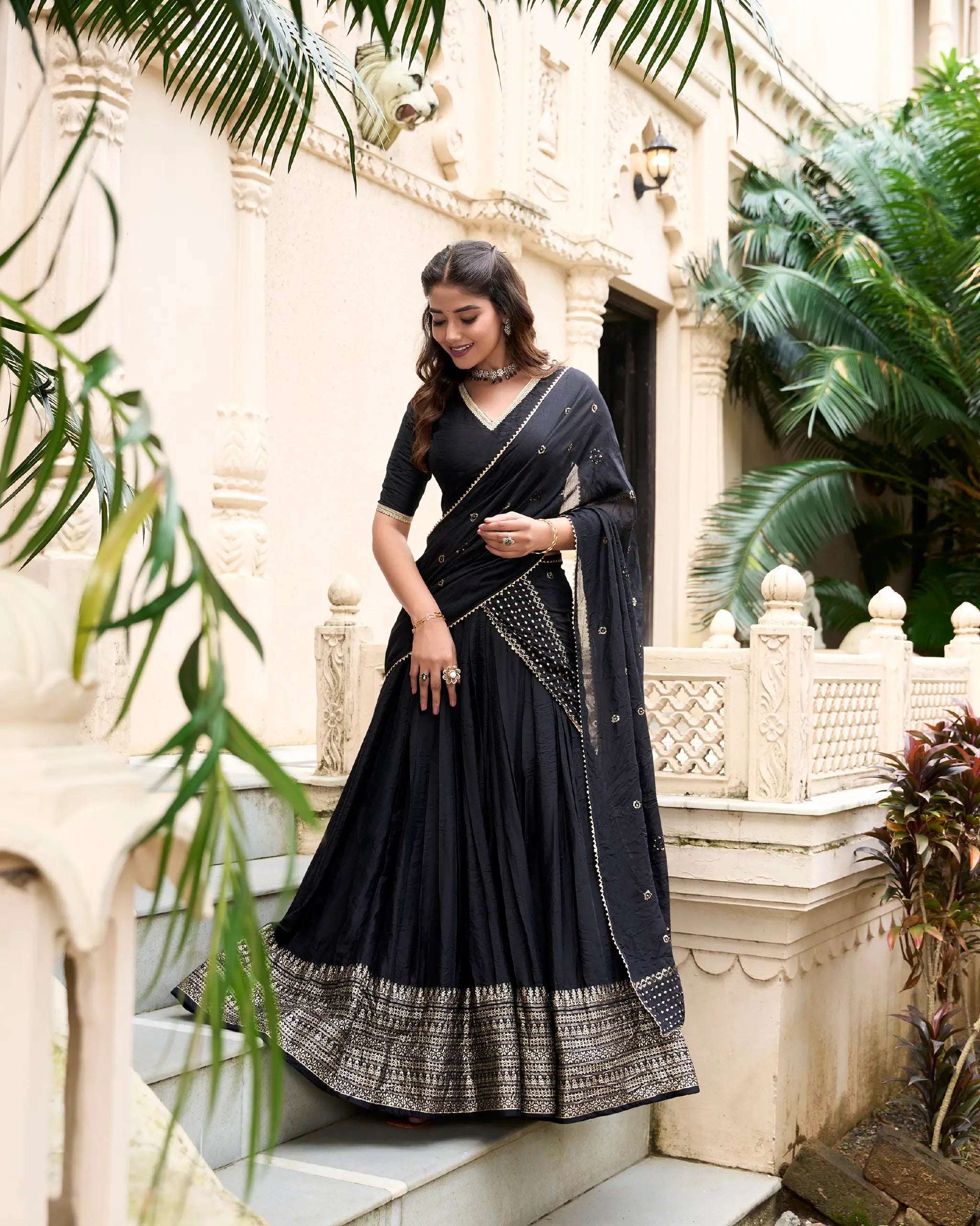 Smoky Black Chanderi Silk Zari Weaving Lehenga Choli