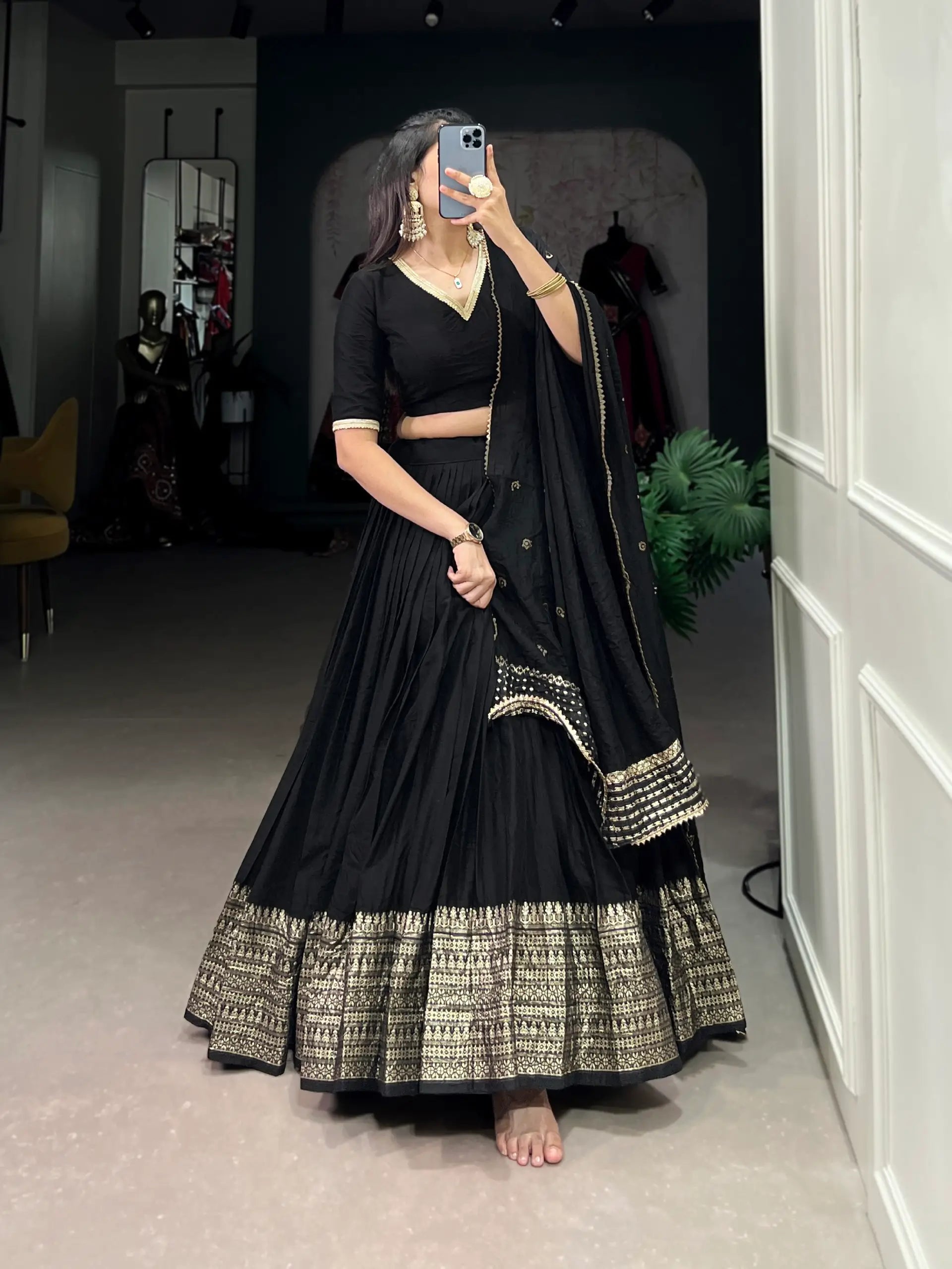 Black Chanderi Silk Lehenga Choli With Zari Weaving Work | Ready To Wear - qivii