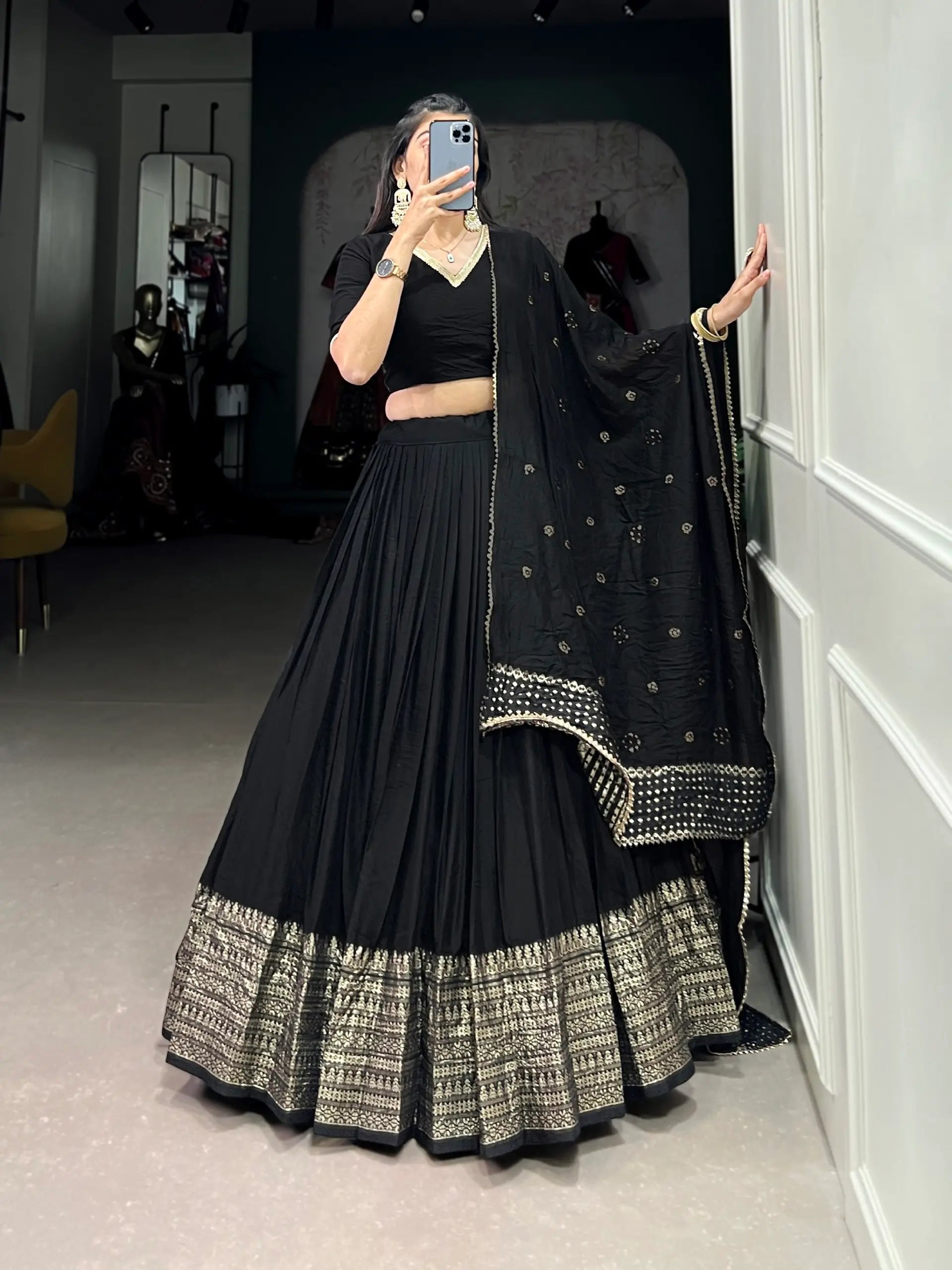 Black Chanderi Silk Lehenga Choli With Zari Weaving Work | Ready To Wear - qivii