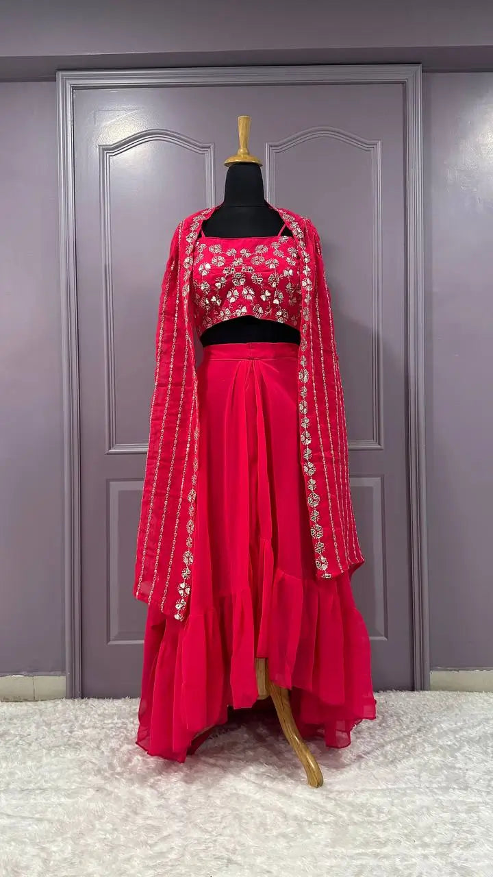 Pink Georgette Indo Western Set With Sequins & Paper Mirror Work | Ready To Wear - qivii