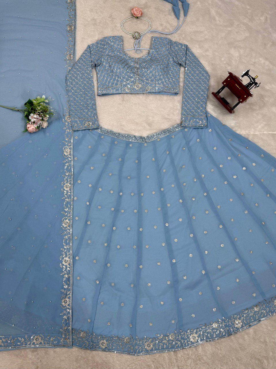 Blue Fox Gorgette thread with Sequnce with Rivet moti Lehenga Choli - INSPIRED | Ready To Wear - qivii