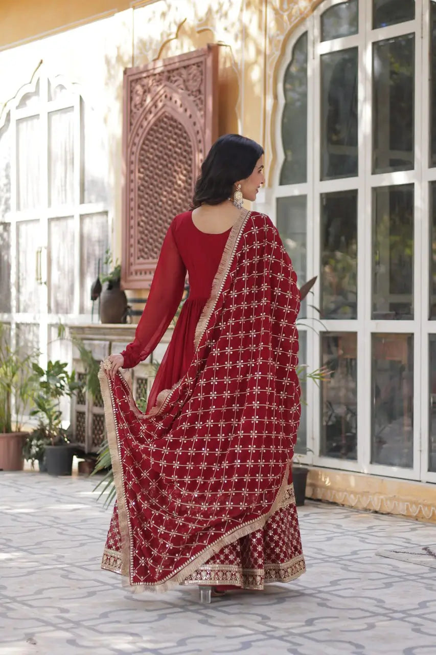 Red Sequins Embroidery Work Gown With Heavy Dupatta - qivii