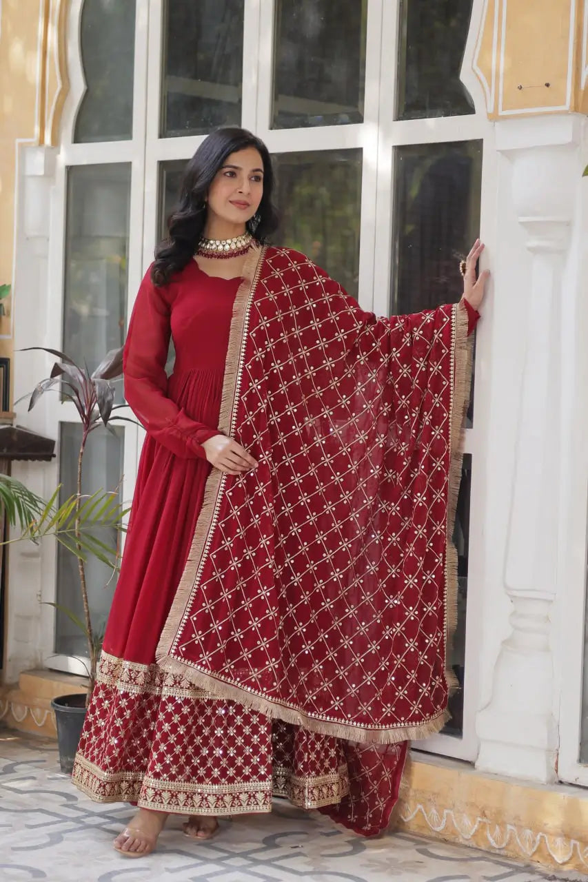 Red Sequins Embroidery Work Gown With Heavy Dupatta - qivii