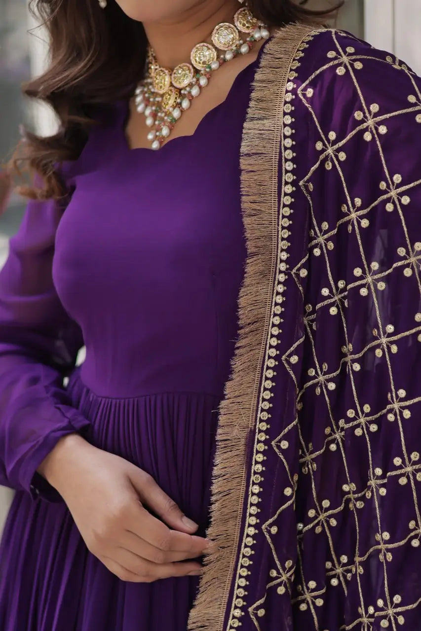 Purple Sequins Embroidery Work Gown With Heavy Dupatta - qivii