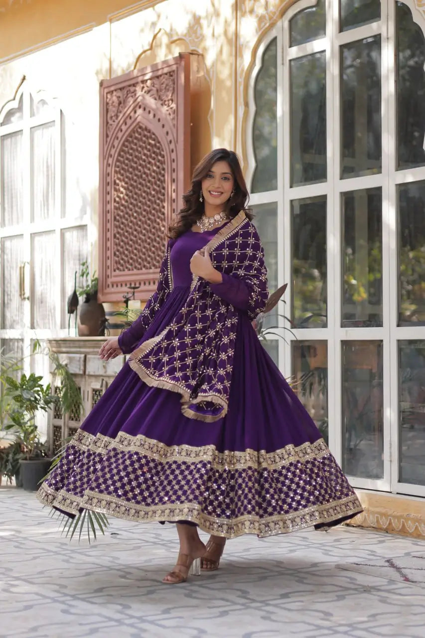 Purple Sequins Embroidery Work Gown With Heavy Dupatta - qivii