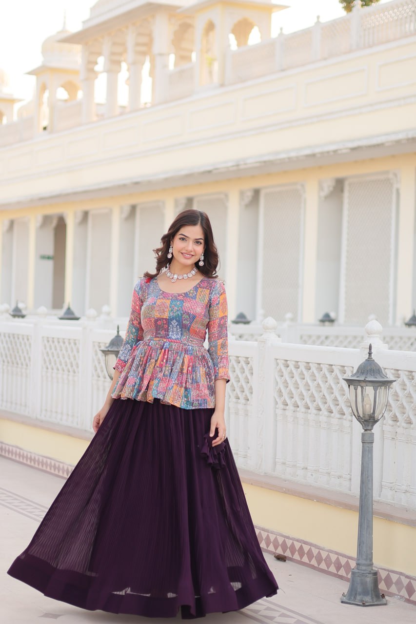 Stunning multi-color georgette sequined blouse and plain co-ord set by Qivii, perfect for any special occasion or evening event