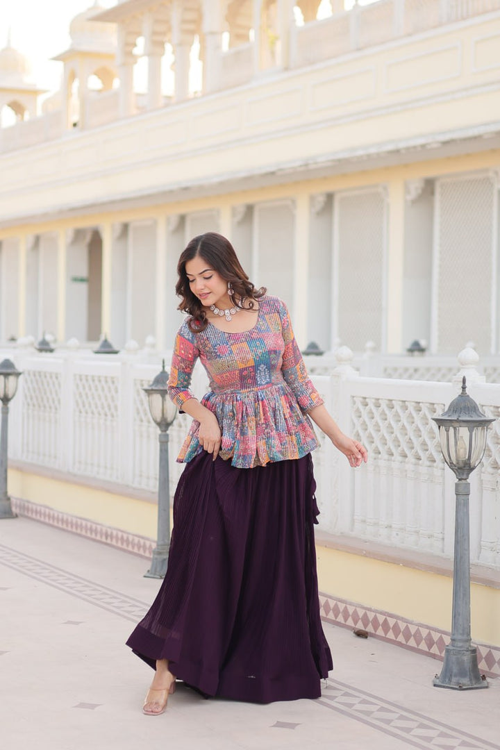 Beautiful and elegant multi-color georgette sequined blouse paired with a matching plain co-ord set by Qivii