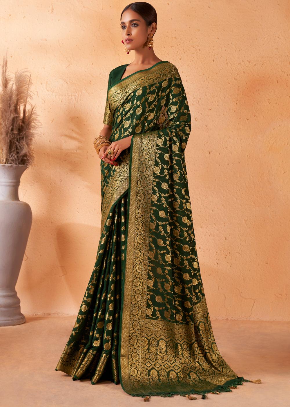 Phthalo Green Woven Georgette Saree - qivii