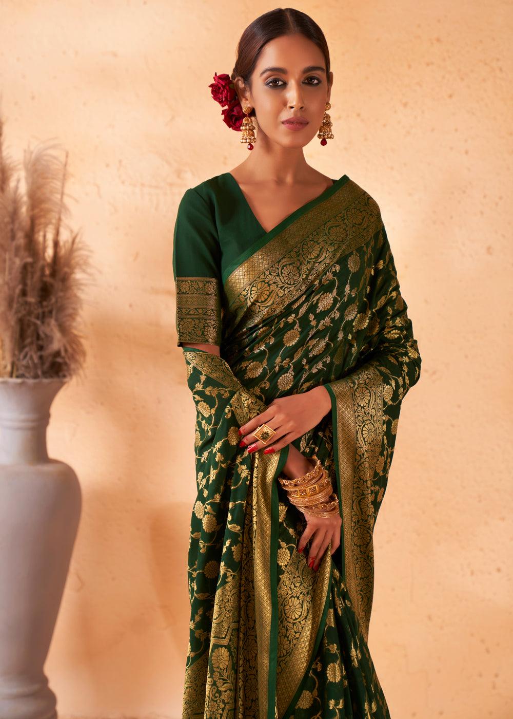 Phthalo Green Woven Georgette Saree - qivii