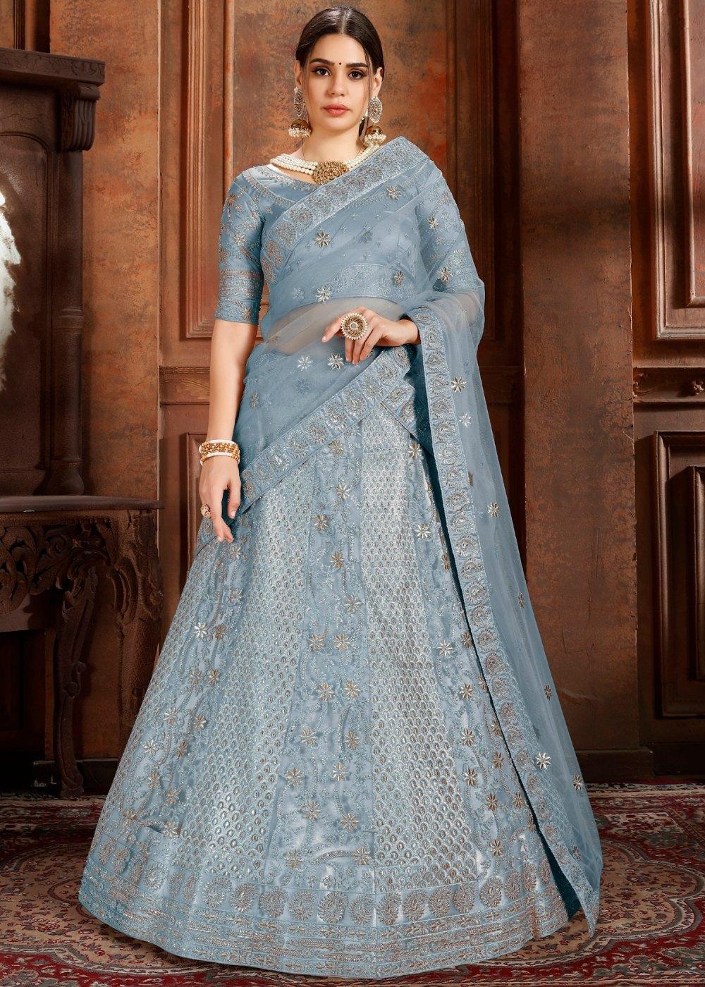 Pigeon Blue Soft Net Lehenga Choli with Thread,Zari, Zarkan & Pearl work - qivii