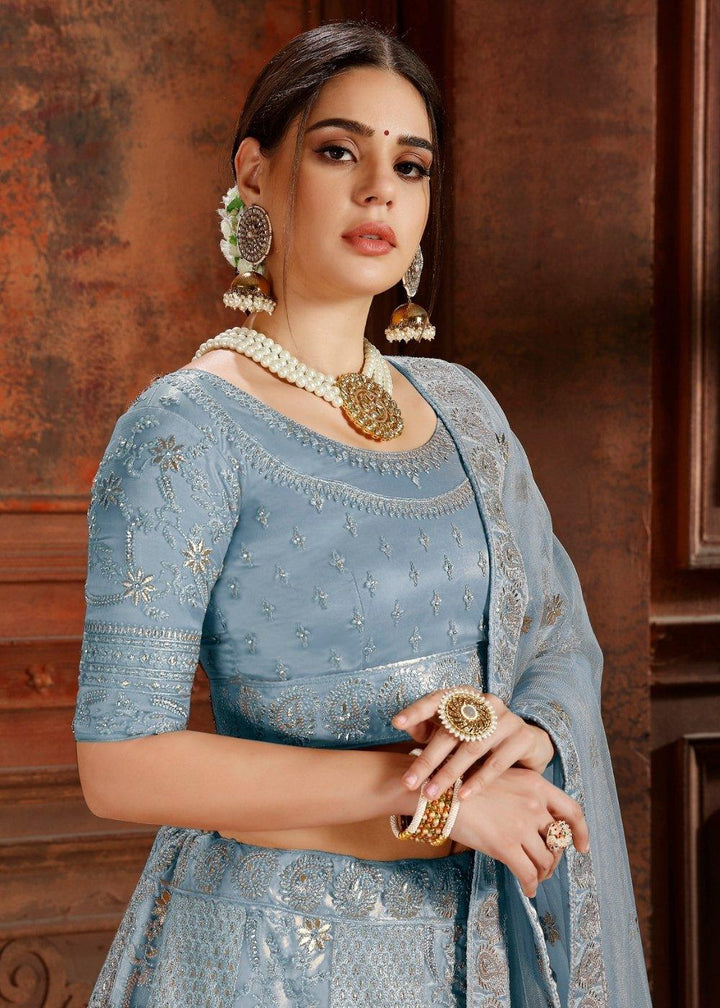 Pigeon Blue Soft Net Lehenga Choli with Thread,Zari, Zarkan & Pearl work - qivii