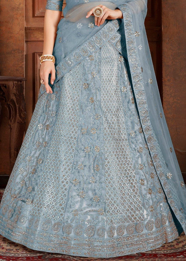 Pigeon Blue Soft Net Lehenga Choli with Thread,Zari, Zarkan & Pearl work - qivii