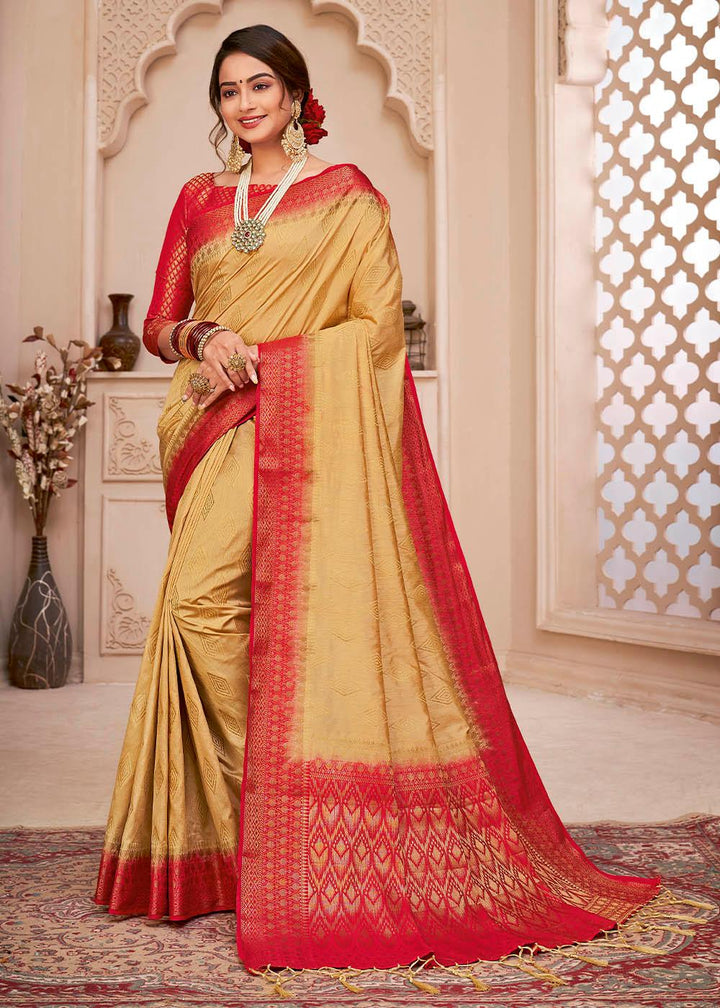 Pine Brown Woven Banarasi Silk Saree with Overall Butti work | Stitched Blouse - qivii