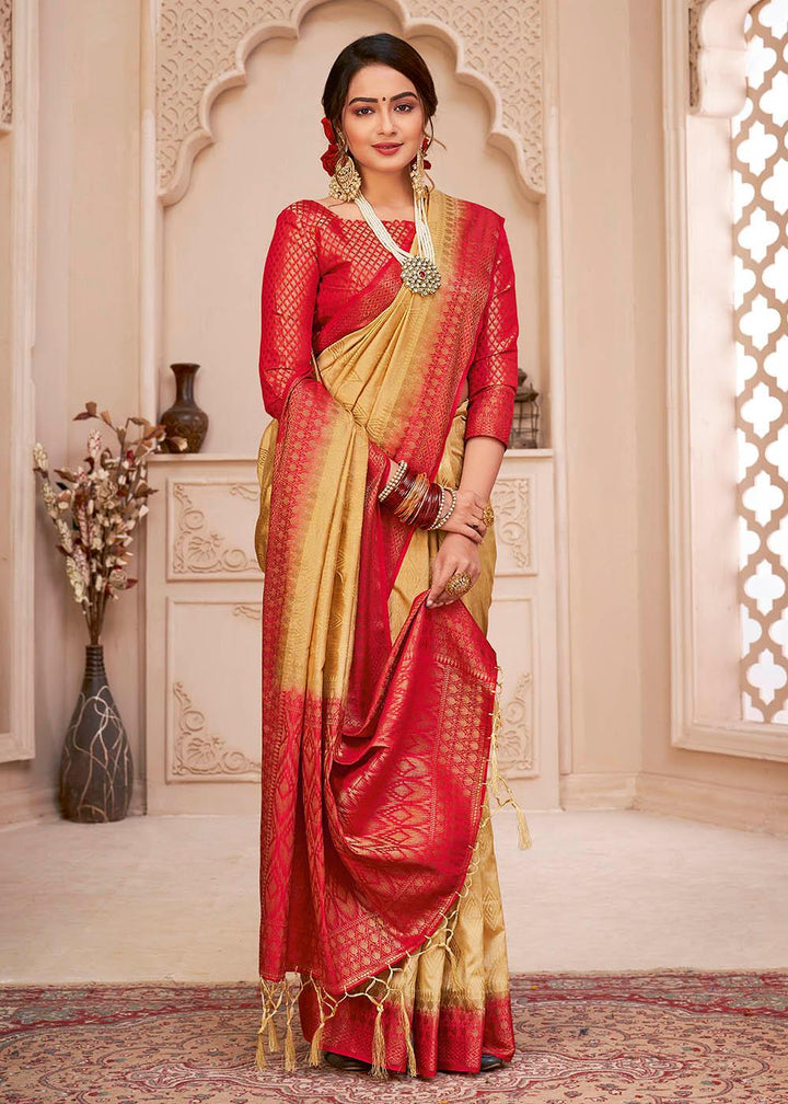 Pine Brown Woven Banarasi Silk Saree with Overall Butti work | Stitched Blouse - qivii