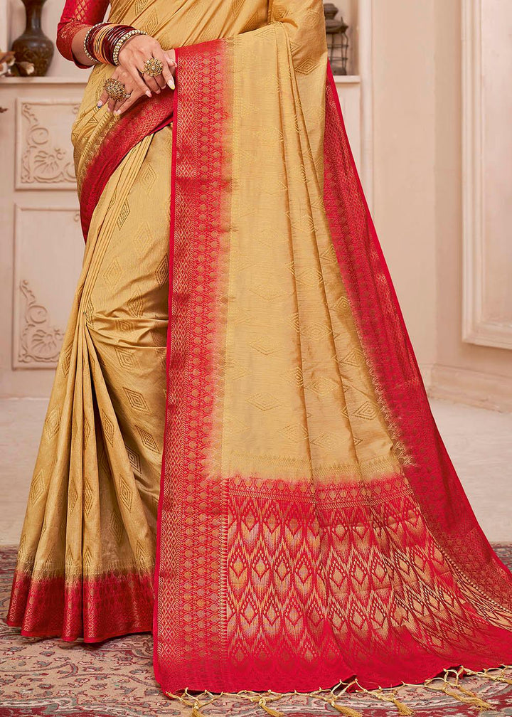 Pine Brown Woven Banarasi Silk Saree with Overall Butti work | Stitched Blouse - qivii