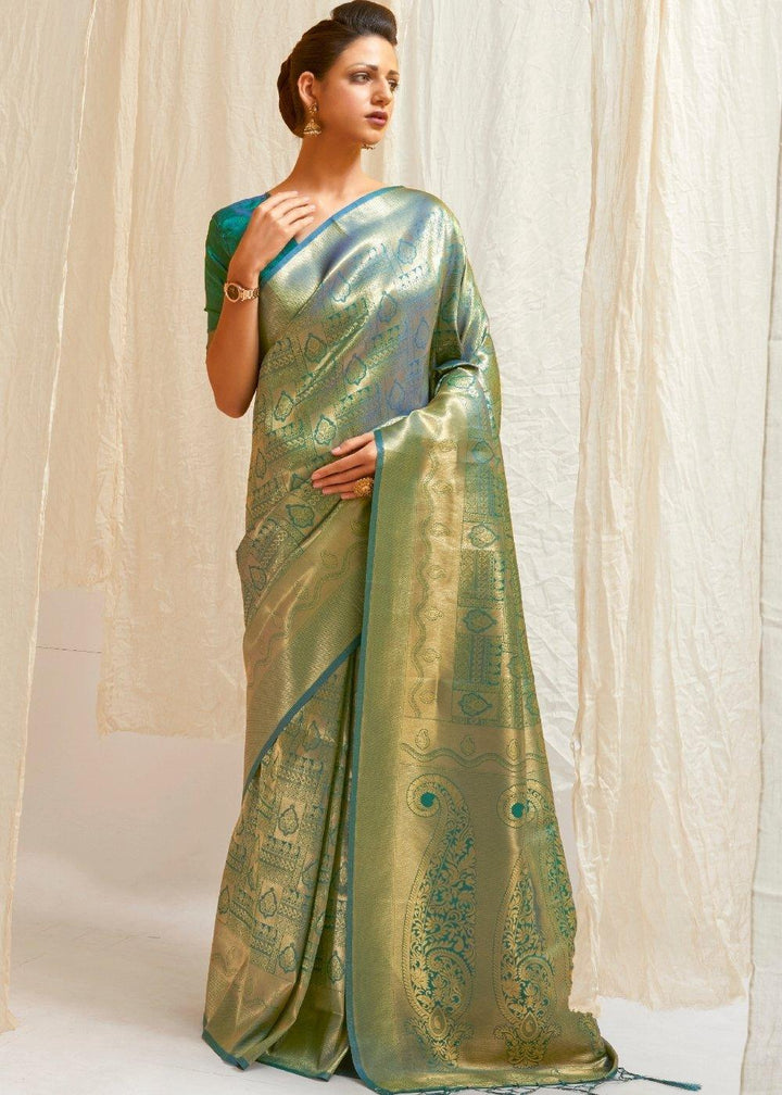 Pine Green & Golden Blend Kanjivaram Silk Saree | Stitched Blouse - qivii