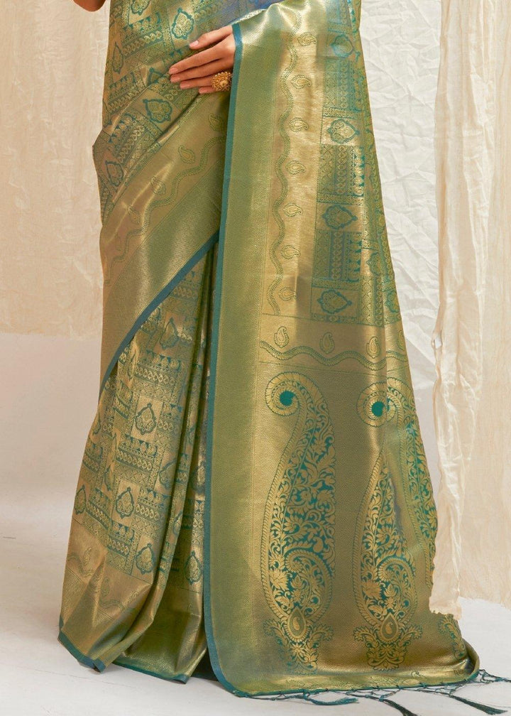 Pine Green & Golden Blend Kanjivaram Silk Saree | Stitched Blouse - qivii