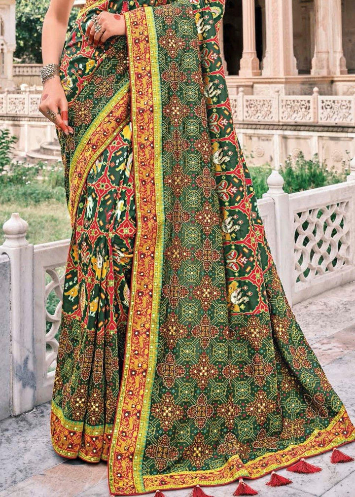 Pine Green Bandhej Patola Silk Saree with Embroidered Blouse | Stitched Blouse - qivii