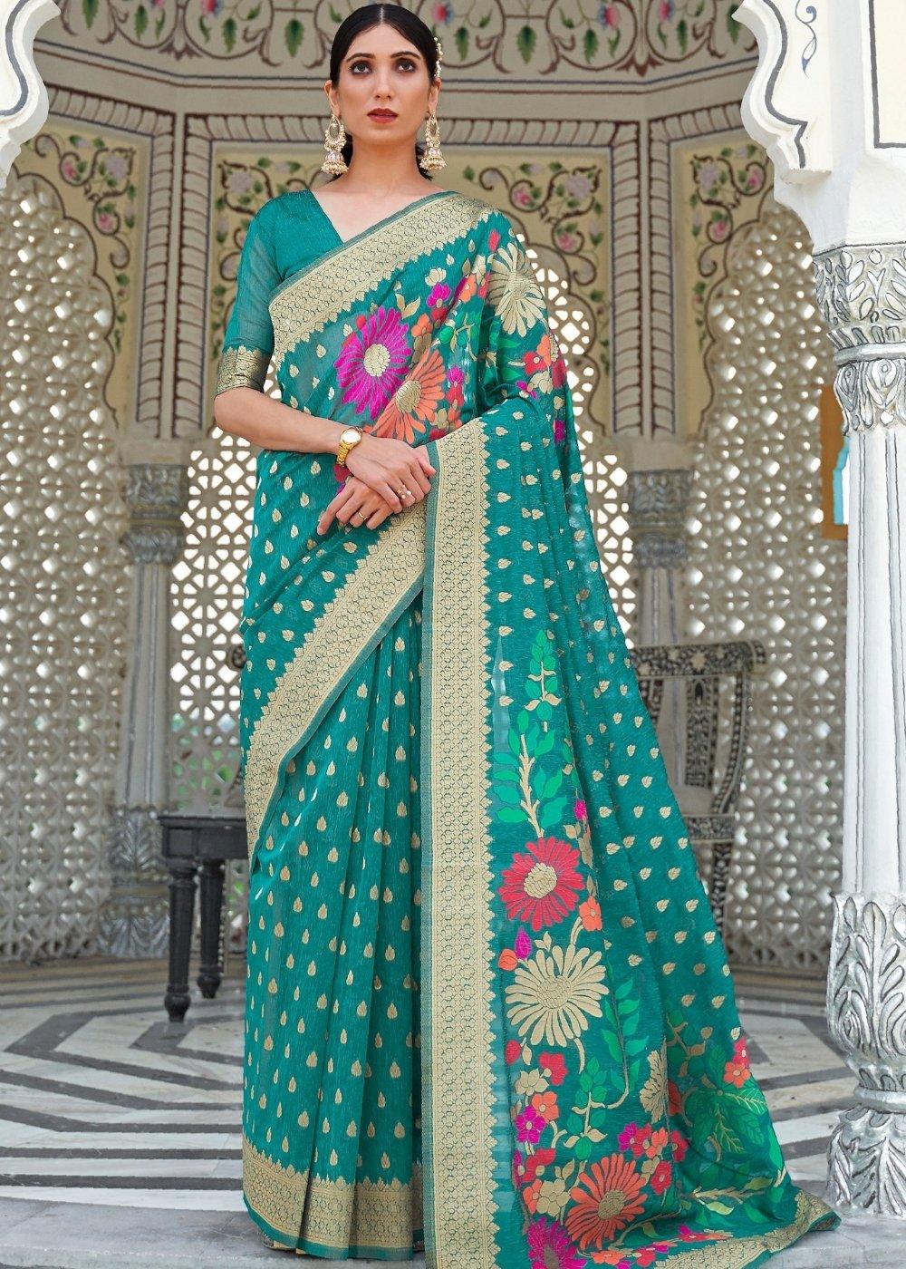 Pine Green Floral Embroidered Linen Silk Saree | Stitched Blouse - qivii