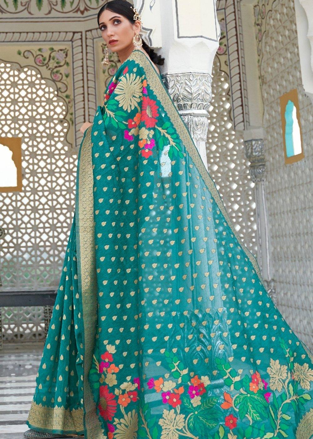 Pine Green Floral Embroidered Linen Silk Saree | Stitched Blouse - qivii