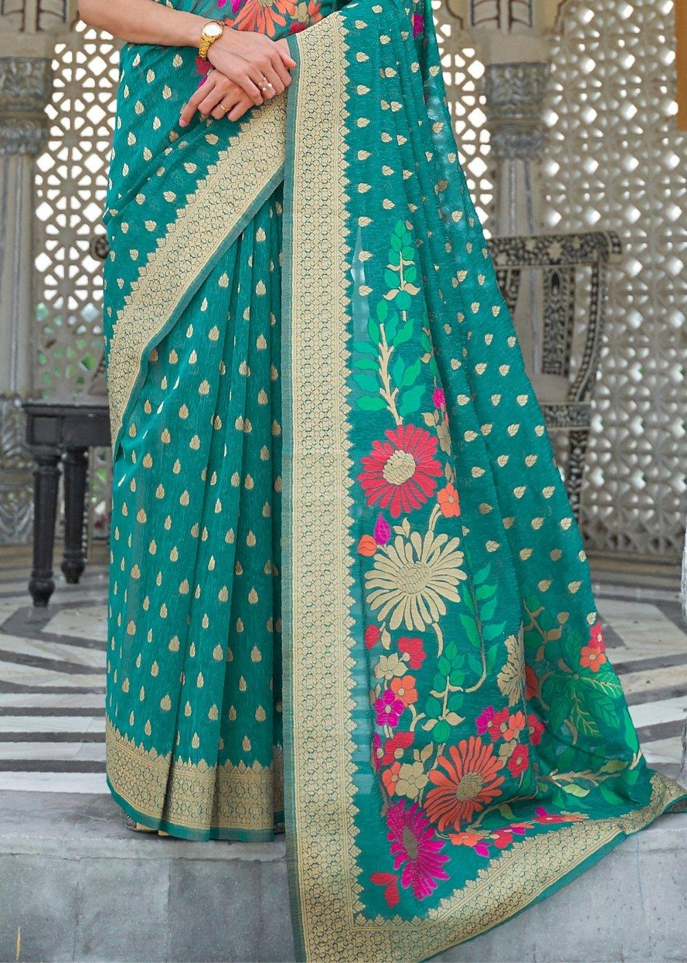 Pine Green Floral Embroidered Linen Silk Saree | Stitched Blouse - qivii