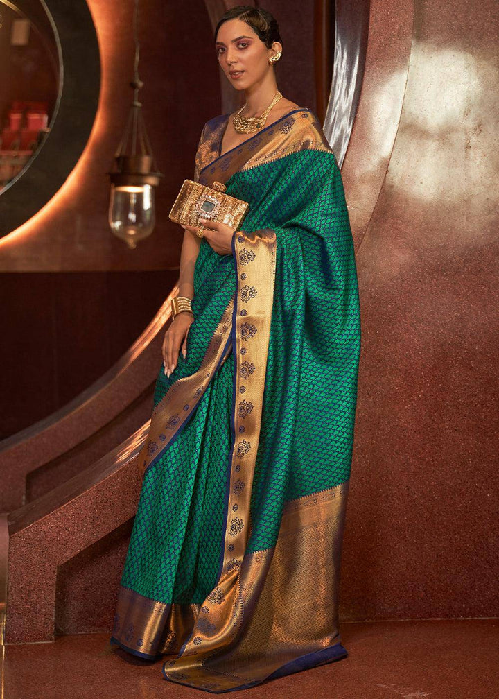 Pine Green Handloom Woven Banarasi Silk Saree | Stitched Blouse - qivii