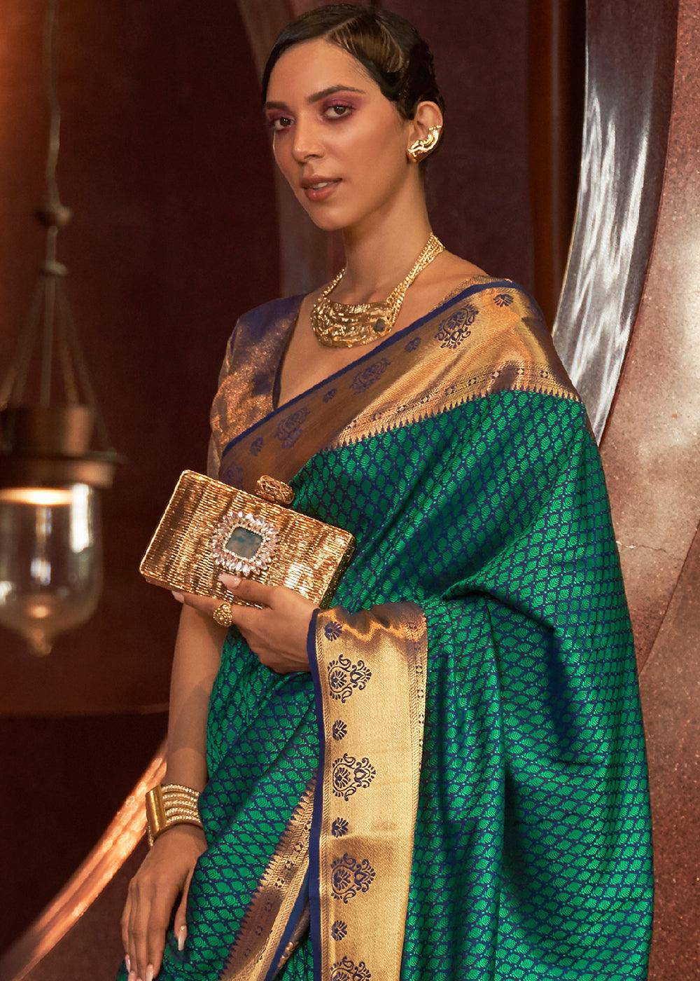 Pine Green Handloom Woven Banarasi Silk Saree | Stitched Blouse - qivii