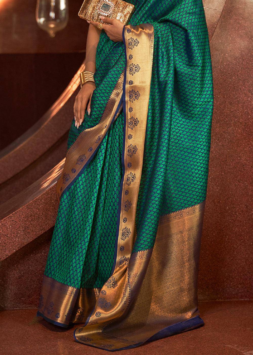 Pine Green Handloom Woven Banarasi Silk Saree | Stitched Blouse - qivii