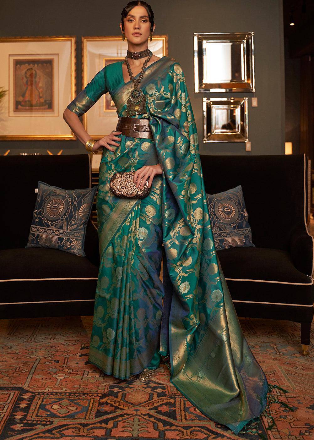 Pine Green Woven Banarasi Silk Saree with Tassels on Pallu | Stitched Blouse - qivii