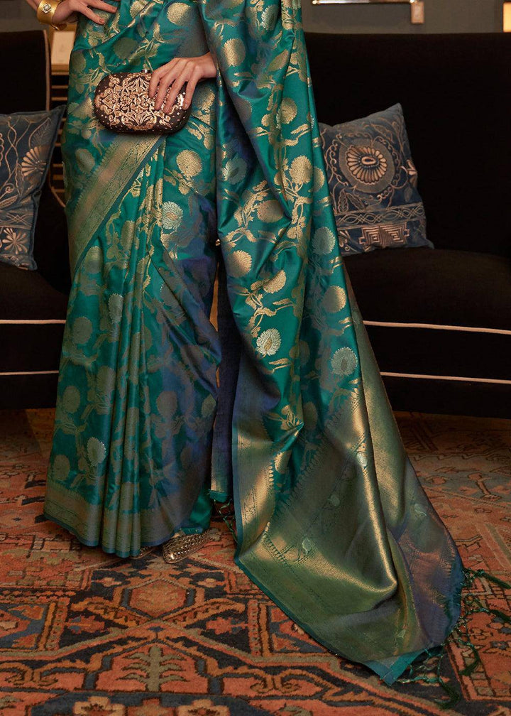 Pine Green Woven Banarasi Silk Saree with Tassels on Pallu | Stitched Blouse - qivii