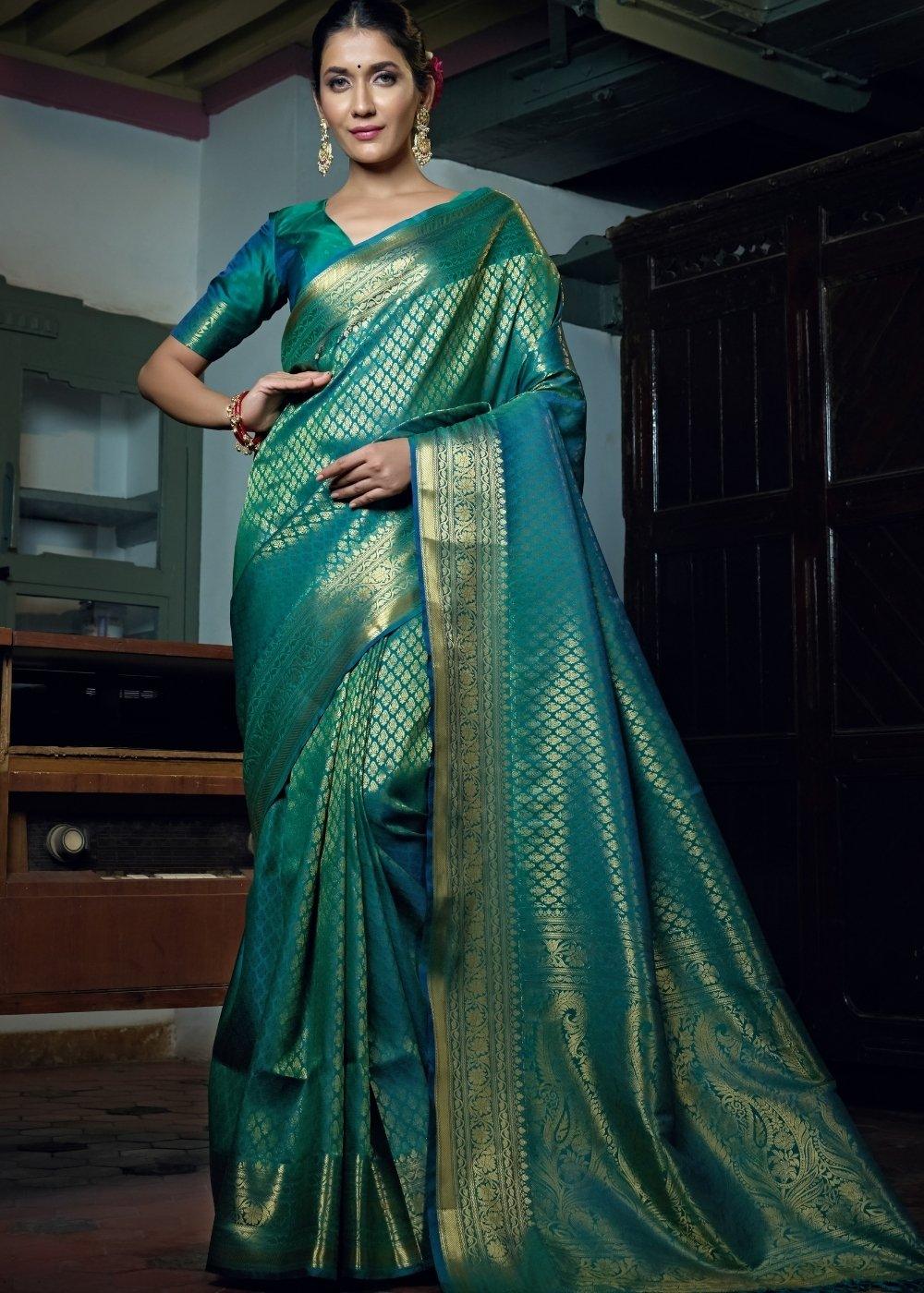 Pine Green Woven Kanjivaram Silk Saree | Stitched Blouse - qivii