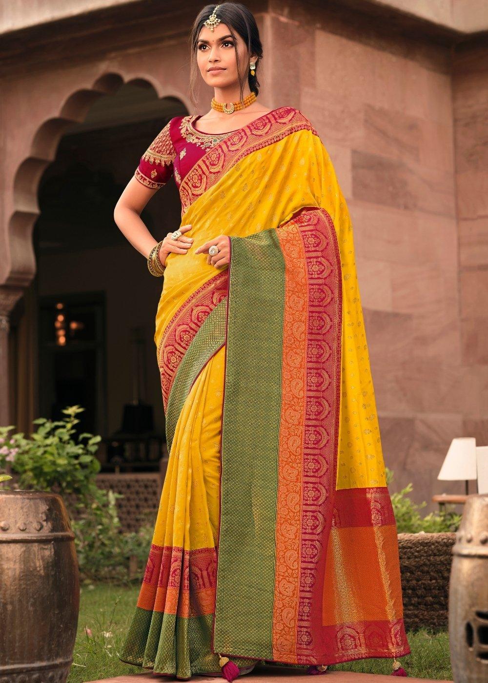 Pineapple Yellow Woven Banarasi Silk Saree with Embroidered Blouse | Stitched Blouse - qivii