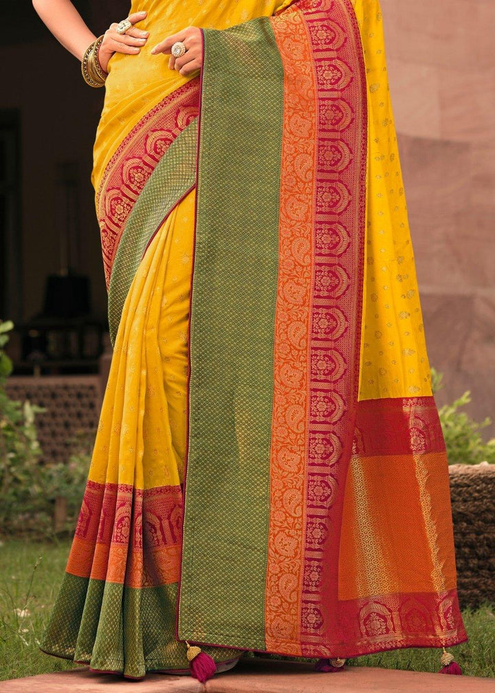 Pineapple Yellow Woven Banarasi Silk Saree with Embroidered Blouse | Stitched Blouse - qivii