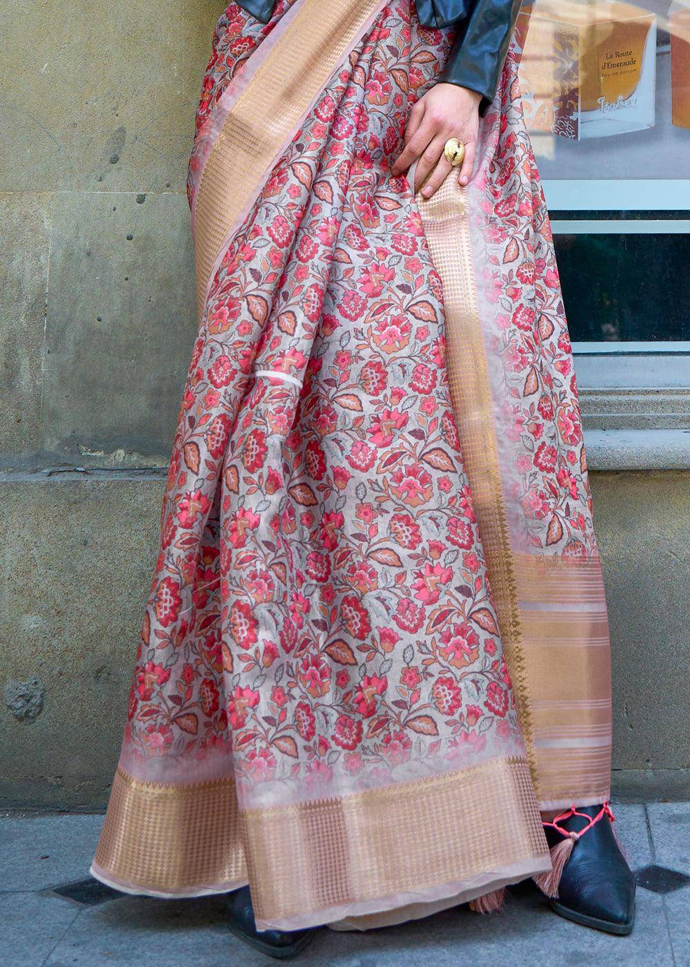 Pink & Beige Floral Printed Satin Organza Saree | Stitched Blouse - qivii