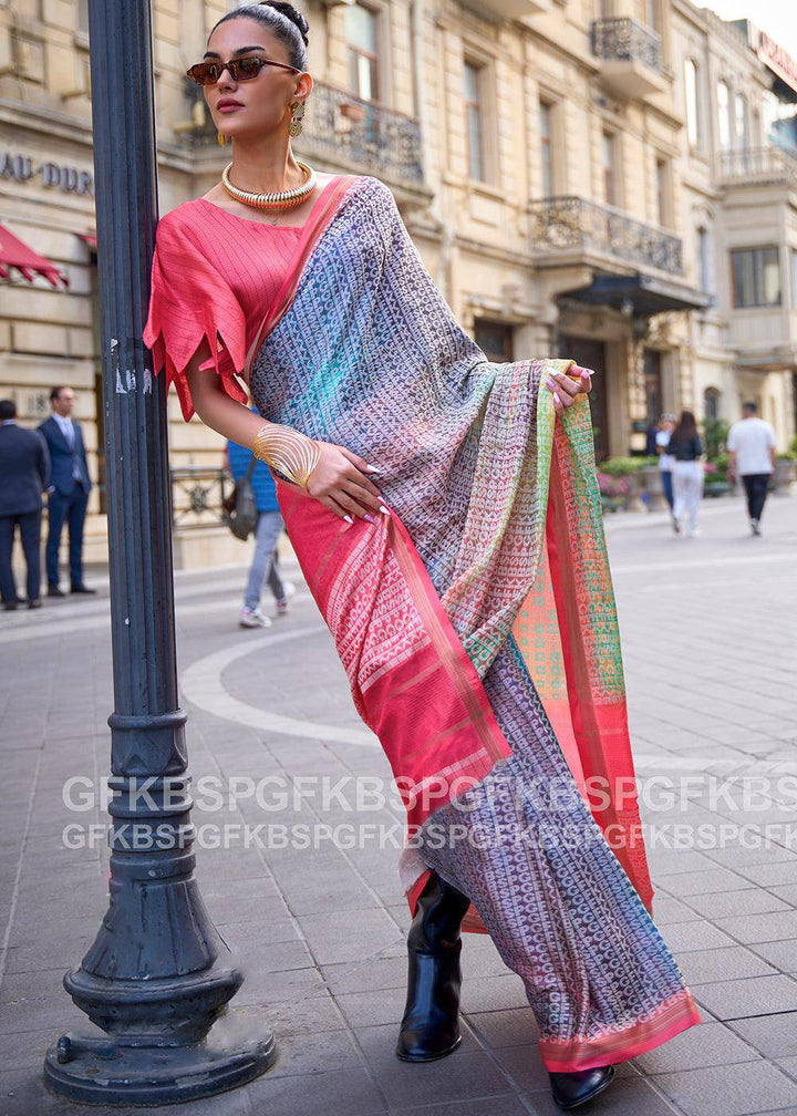 Pink & Blue Digital Printed Poly Viscose Saree | Stitched Blouse - qivii