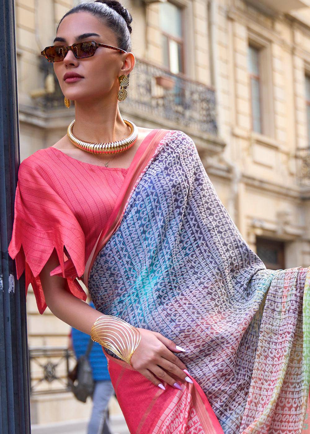 Pink & Blue Digital Printed Poly Viscose Saree | Stitched Blouse - qivii