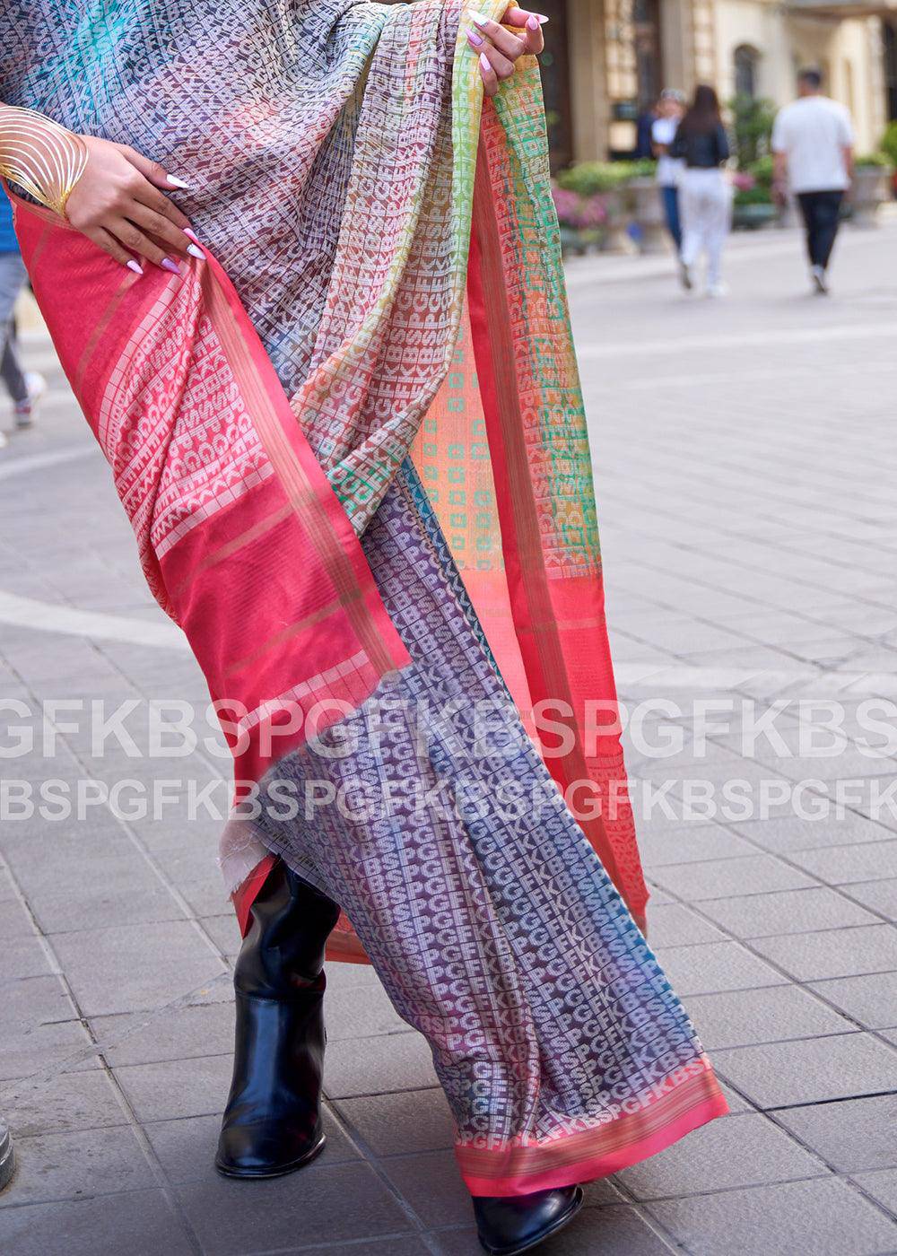 Pink & Blue Digital Printed Poly Viscose Saree | Stitched Blouse - qivii