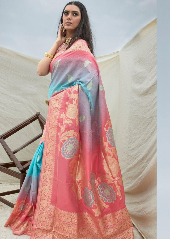 Pink and Blue Handloom Weaving Silk Saree | Stitched Blouse - qivii