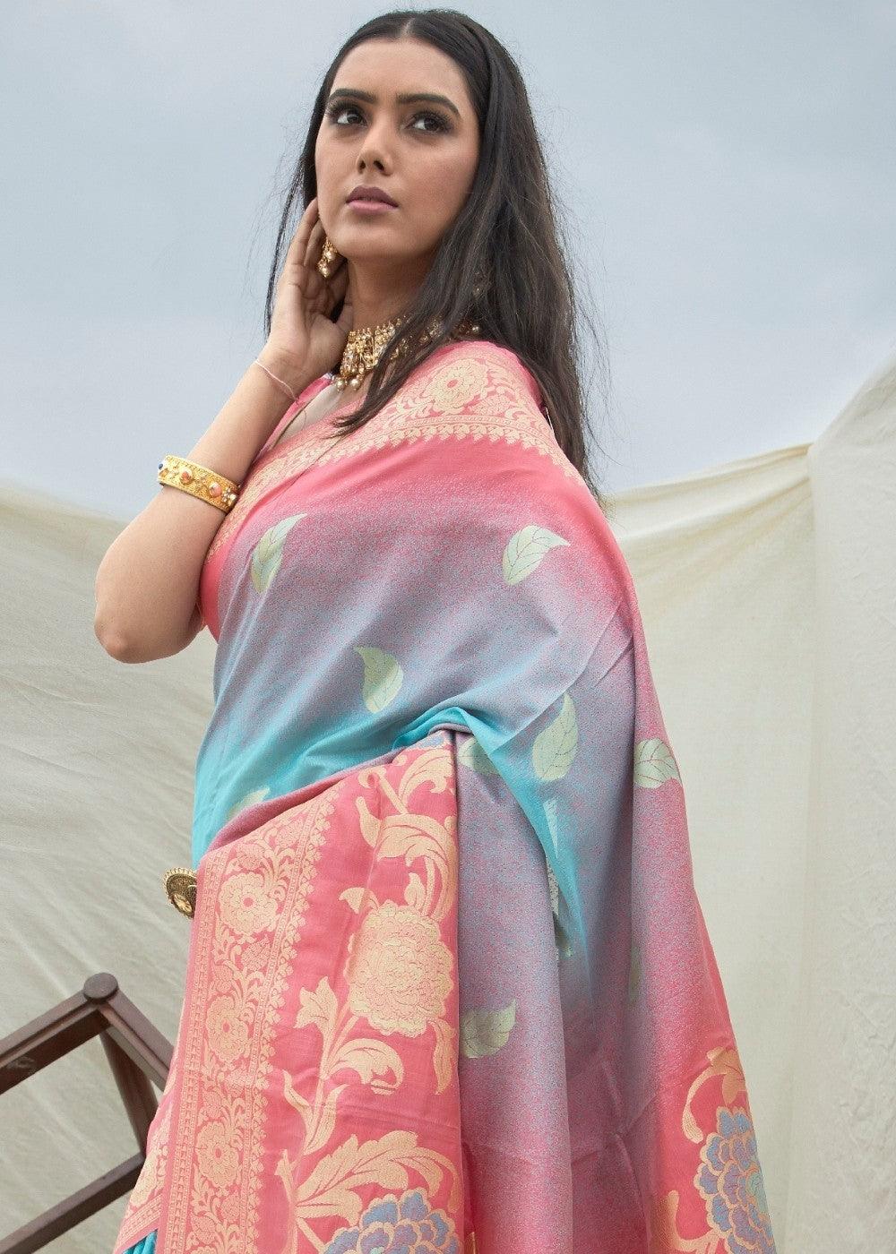 Pink and Blue Handloom Weaving Silk Saree | Stitched Blouse - qivii