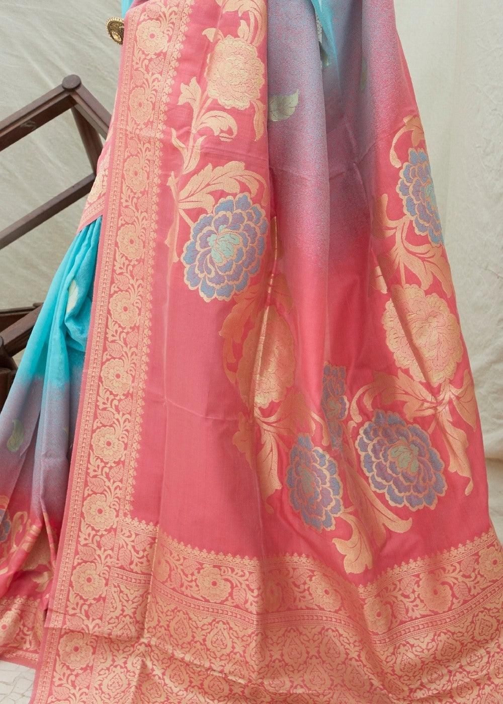 Pink and Blue Handloom Weaving Silk Saree | Stitched Blouse - qivii