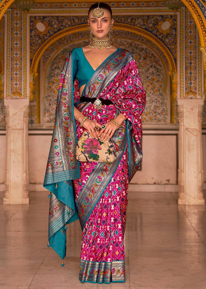 Pink & Blue Patola Printed Designer Silk Saree | Stitched Blouse - qivii