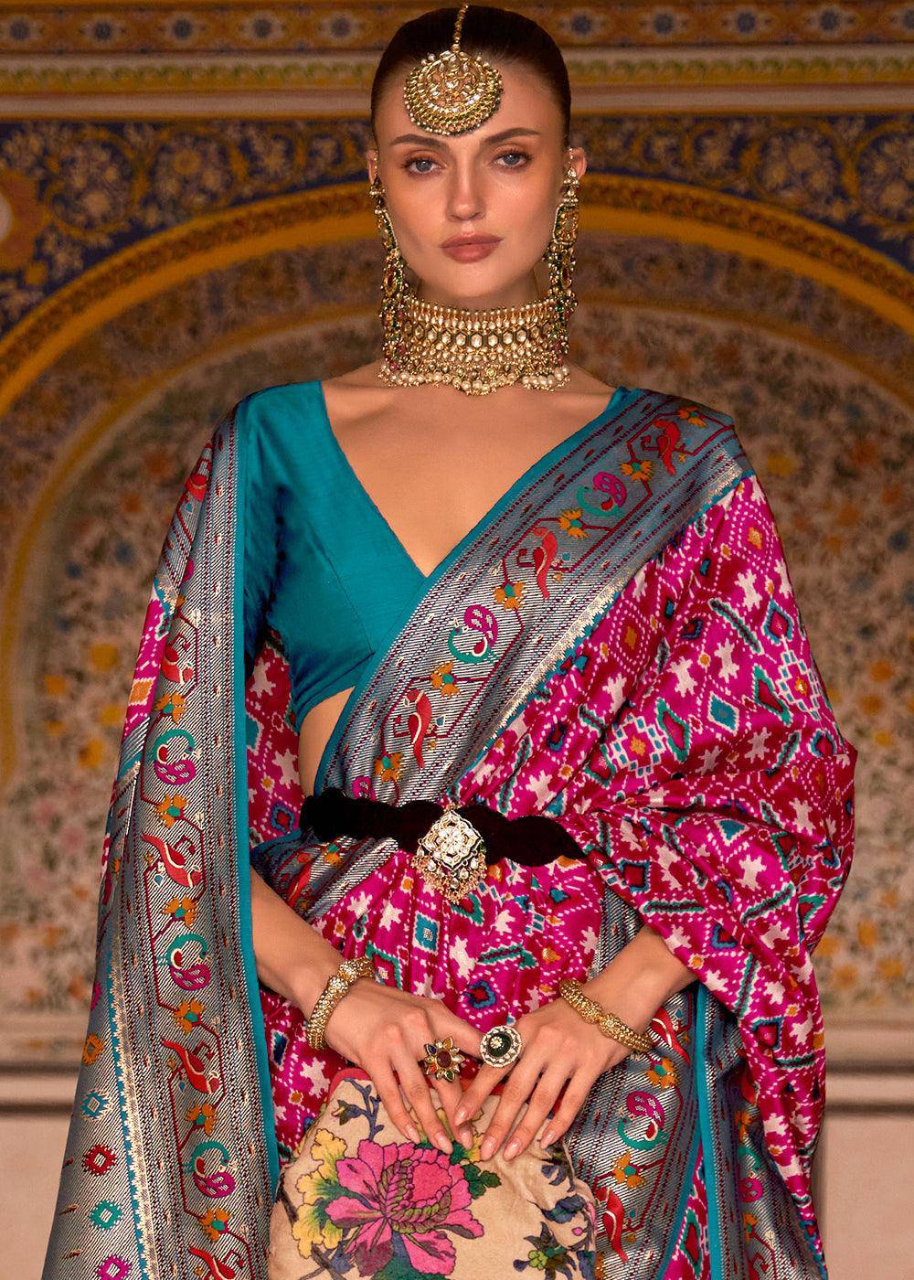 Pink & Blue Patola Printed Designer Silk Saree | Stitched Blouse - qivii