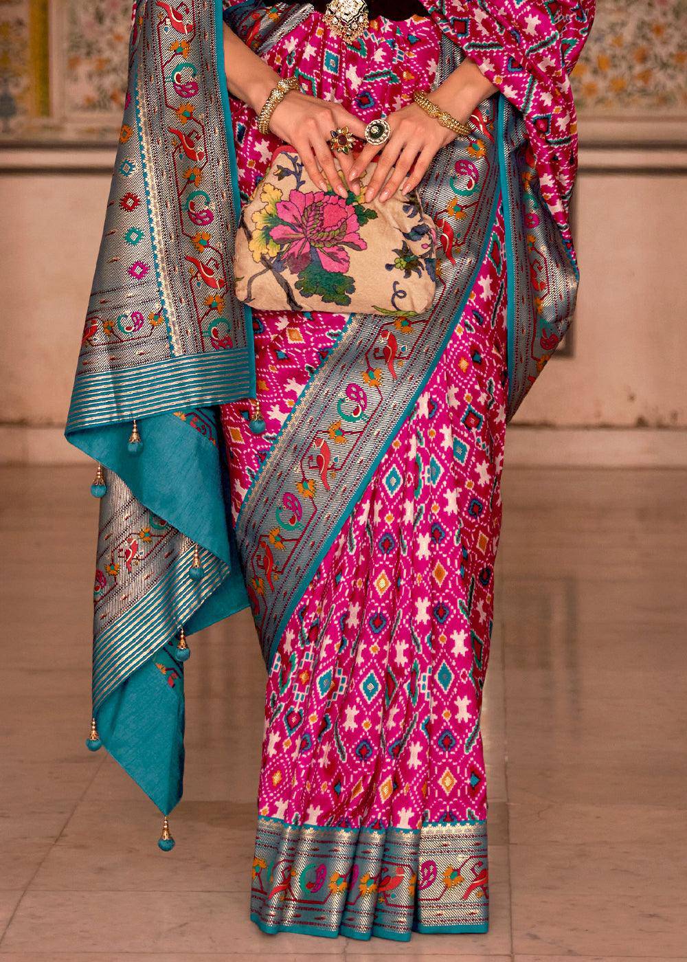 Pink & Blue Patola Printed Designer Silk Saree | Stitched Blouse - qivii