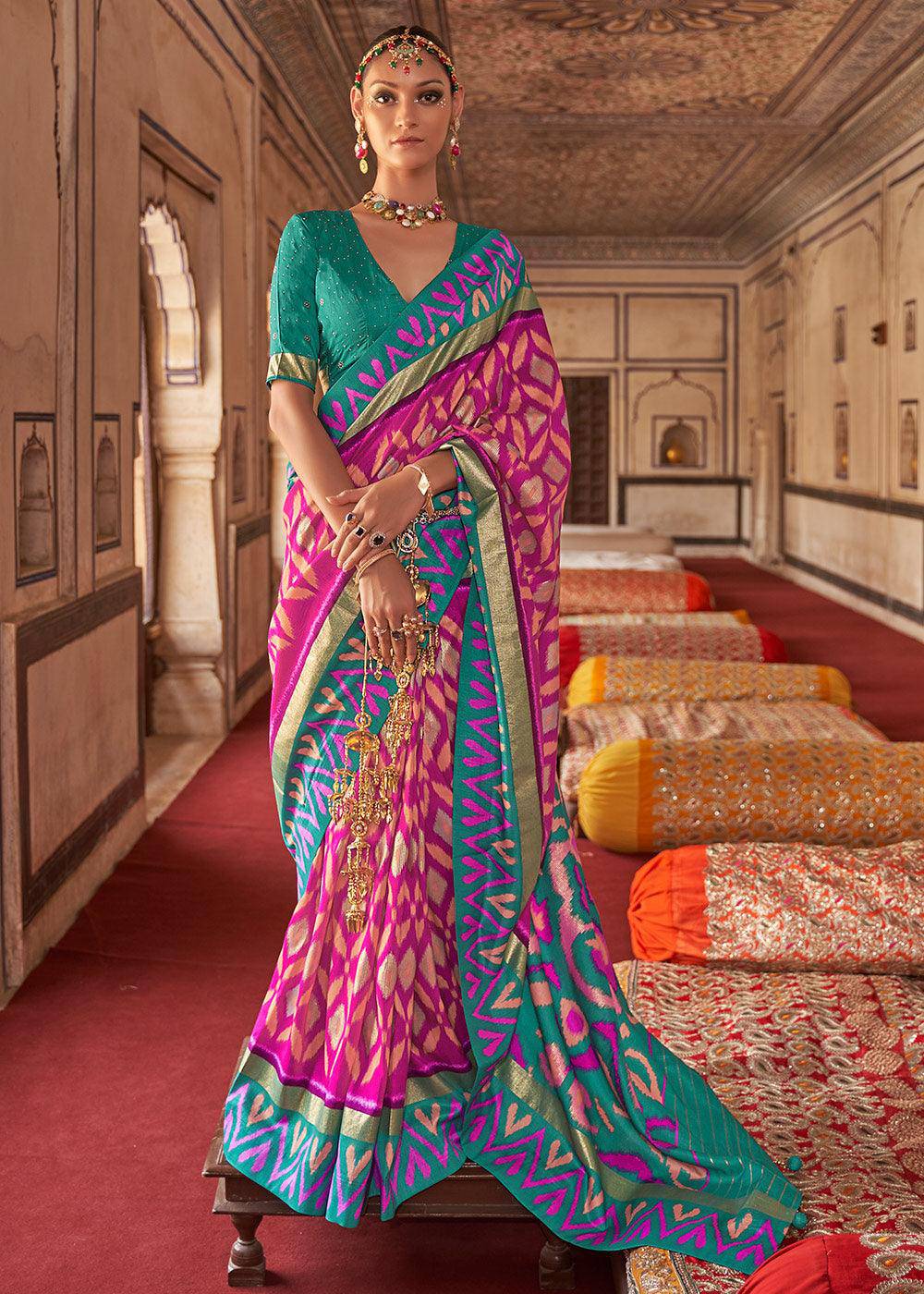 Pink & Blue Printed Patola Dola Silk Saree with Zari Border | Stitched Blouse - qivii