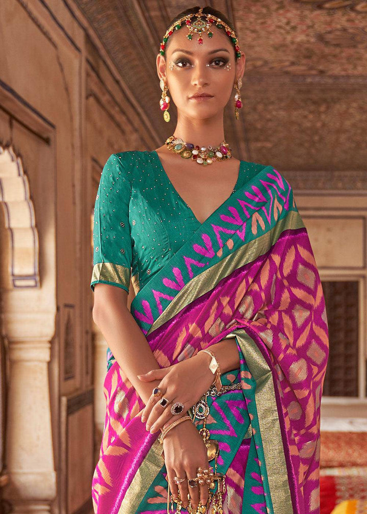 Pink & Blue Printed Patola Dola Silk Saree with Zari Border | Stitched Blouse - qivii